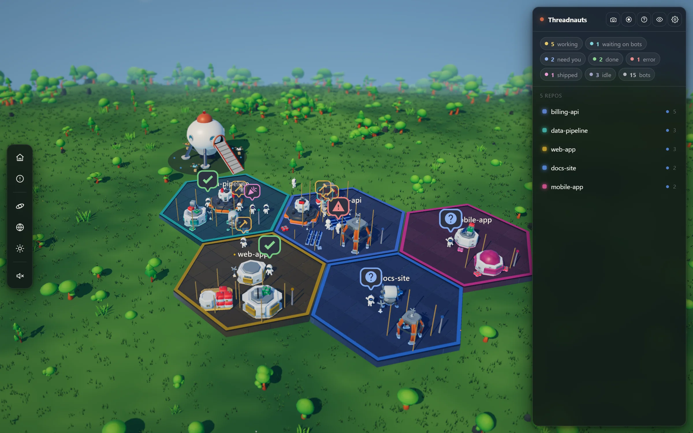 A Threadnauts colony on a grassy world: hex zones for each repo, buildings at different stages, bots at work, and the side panel listing every repo.